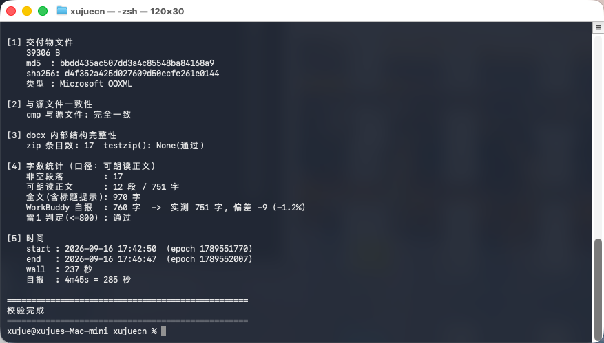 终端校验输出：字节、md5、zip 条目、分段字数