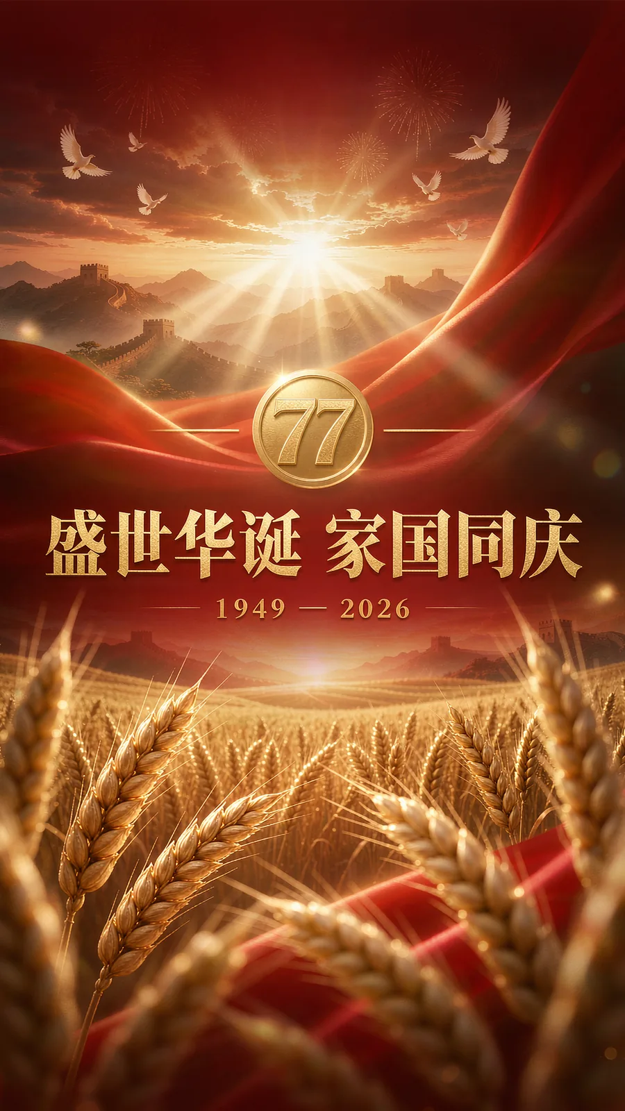 定稿图：金色 77 徽章、红绸、长城、麦田，水印已去掉