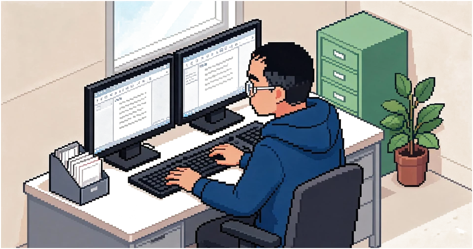 办公城 · 办公室内的日常（AI 生成 2.5D 像素插画，人物为作者本人形象）