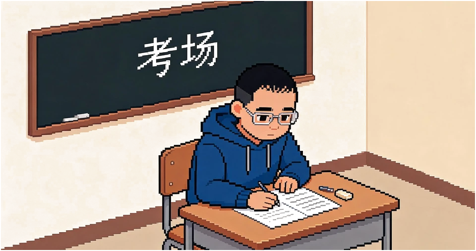 考场 · 独自答题的教室（AI 生成 2.5D 像素插画，人物为作者本人形象）